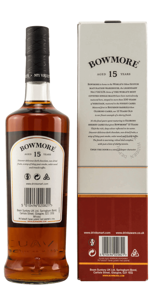 Schottischer Whisky Bowmore 15 Jahre, Oloroso Sherry Finish, charakteristisches Design der Flasche und Verpackung.