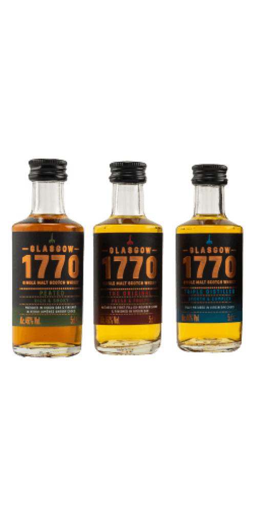 Schottischer Whisky Set von Glasgow 1770, bestehend aus drei Miniaturflaschen, für Whisky-Tasting.