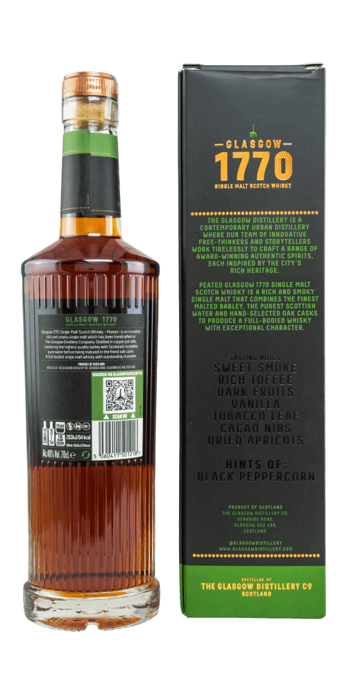 Schottischer Whisky Glasgow 1770 Peated, Single Malt, 50 ppm, mit Noten von Rauch, Vanille und schwarzem Pfeffer.