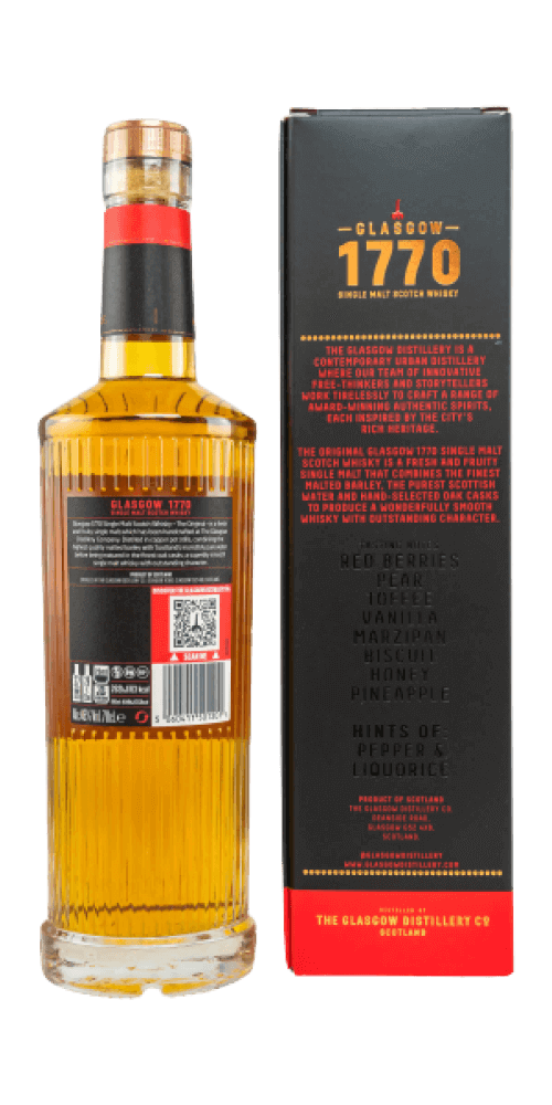 Schottischer Whisky Glasgow 1770, fruchtiger Single Malt in eleganter Flasche, mit Aromen von Beeren und Eiche.