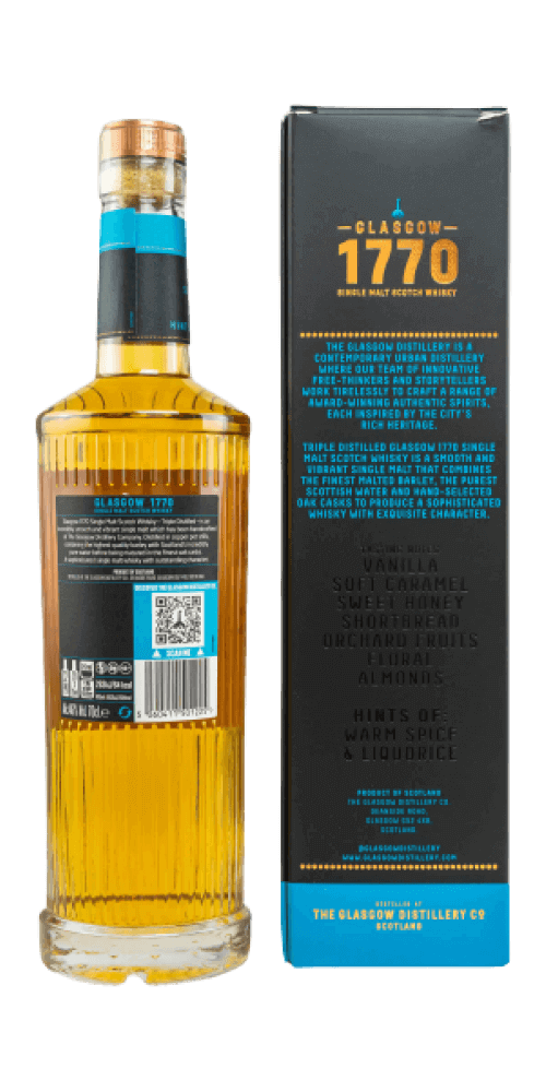 Schottischer Whisky Glasgow 1770, dreifach destilliert, mit Aromen von Vanille und Sommerfrüchten, hochwertige Spirituose.