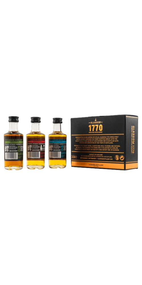 Schottischer Whisky Mini Collection 1770 aus Glasgow: drei Flaschen in Geschenkverpackung, ideal für Whisky-Tasting.
