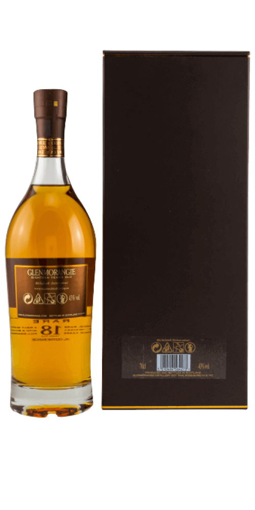Schottischer Whisky Glenmorangie 18 Jahre in der Verpackung, reift in Oloroso- und Bourbon-Fässern.