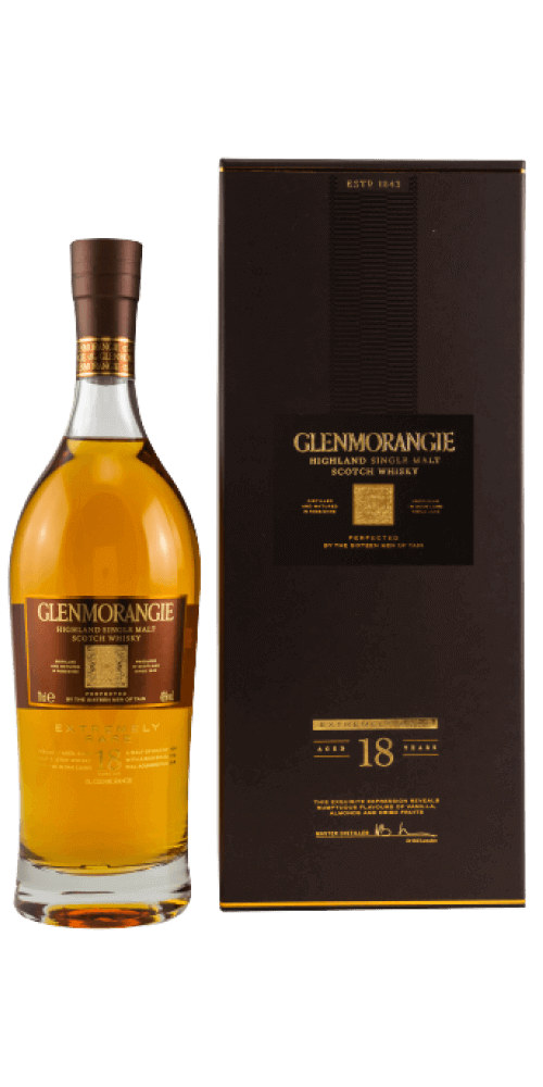 Schottischer Whisky Glenmorangie 18 Jahre in Box, reifte in Ex-Bourbon- und Oloroso-Sherry-Fässern.