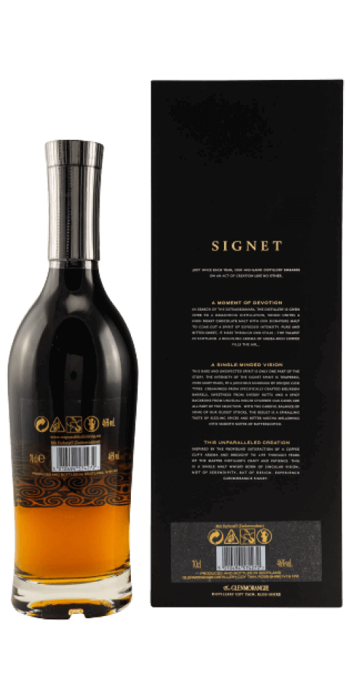 Schottischer Whisky Glenmorangie Signet 14 Jahre, hintere Ansicht der Flasche mit edler Verpackung.
