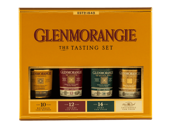 Schottischer Whisky Glenmorangie Tasting Set mit 10, 12 und 14 Jahren, präsentiert in ansprechender Verpackung.