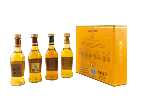 Schottischer Whisky Glenmorangie Tasting Set mit vier Miniaturflaschen und Verpackung. Ideal für Whisky-Liebhaber.
