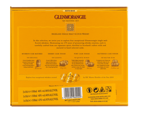 Schottischer Whisky Glenmorangie Tasting Set mit fünf Sorten, Hochland, 10-12 Jahre alt, elegant verpackt.