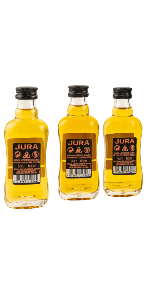 Schottischer Whisky Jura Miniset - drei Miniaturflaschen mit süßen Aromen von Kaffee, Nektarinen und Vanille.