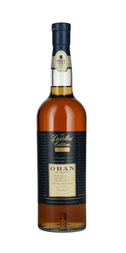 Schottischer Whisky Oban Distillers Edition in hochwertiger Flasche mit charakteristischem Etikett und dunklem Design.