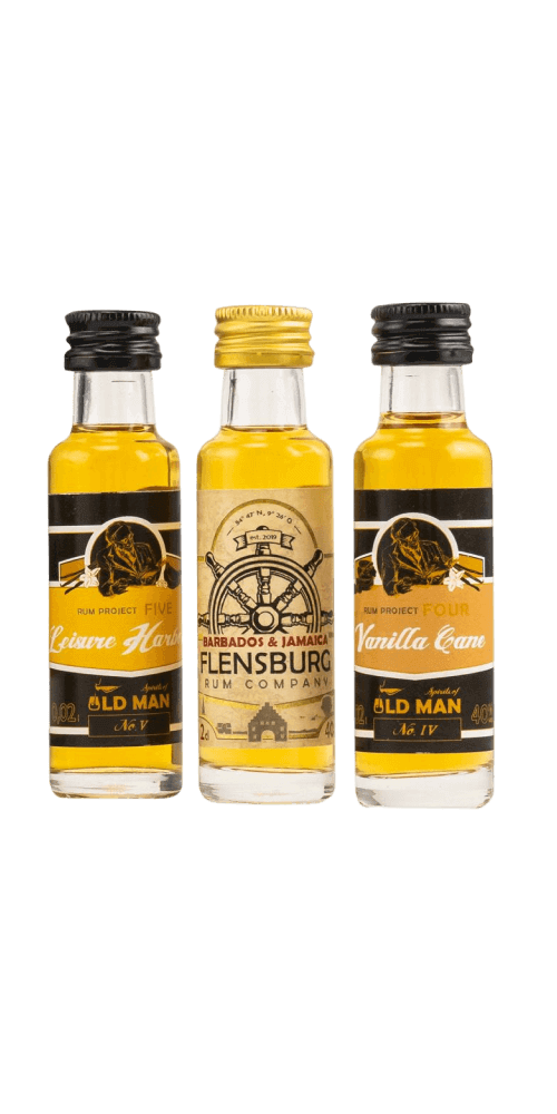 Old Man Rum Tasting Set mit 3 Fläschchen: Reserve Honey, Flensburg, Vanilla Cream – hochwertige Rum-Präsentation.