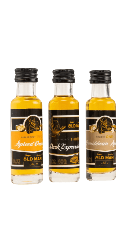 Old Man Rum Tasting Set mit drei Flaschen: Spiced, Dark und Caribbean Styles im 0,02L Format.