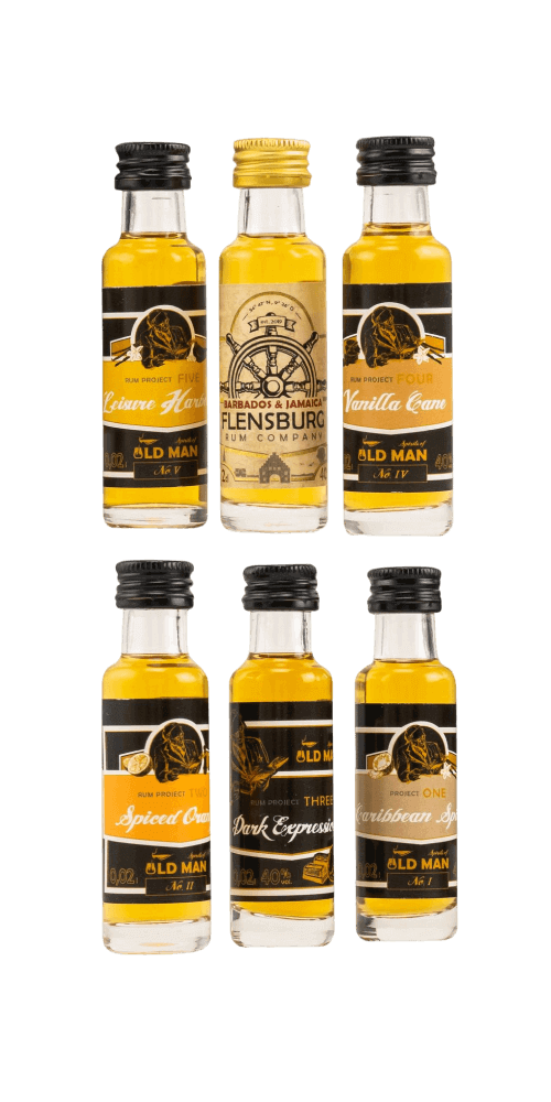 Old Man Project Tasting Set mit fünf Miniaturen und einer Flasche, verkostet verschiedene Rum-Stile, hochwertige Spirituosen.