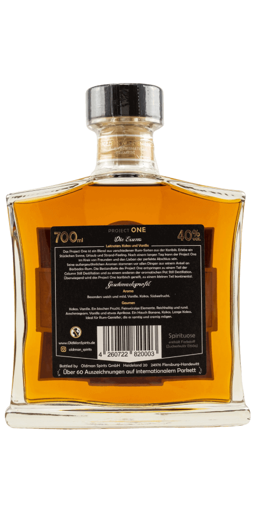 Old Man Project One Rum, 12 Jahre, Premium Blend, 700ml Flasche, karibischer Geschmack mit fruchtigen Aromen.