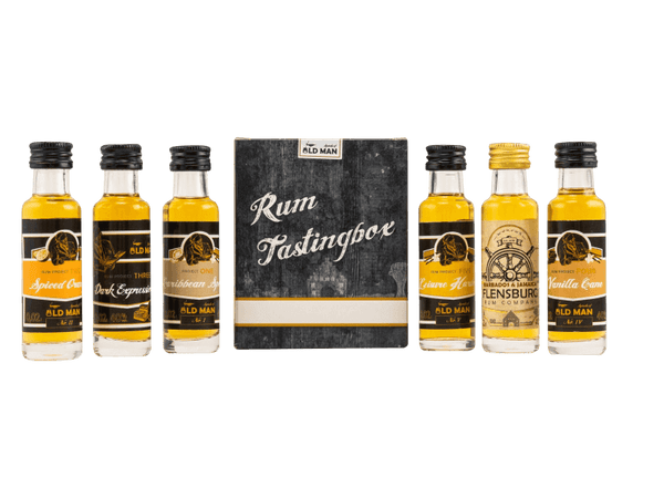 Old Man Rum Tasting Set mit 6 Proben aus verschiedenen Ländern, ideal für Kenner und Einsteiger.