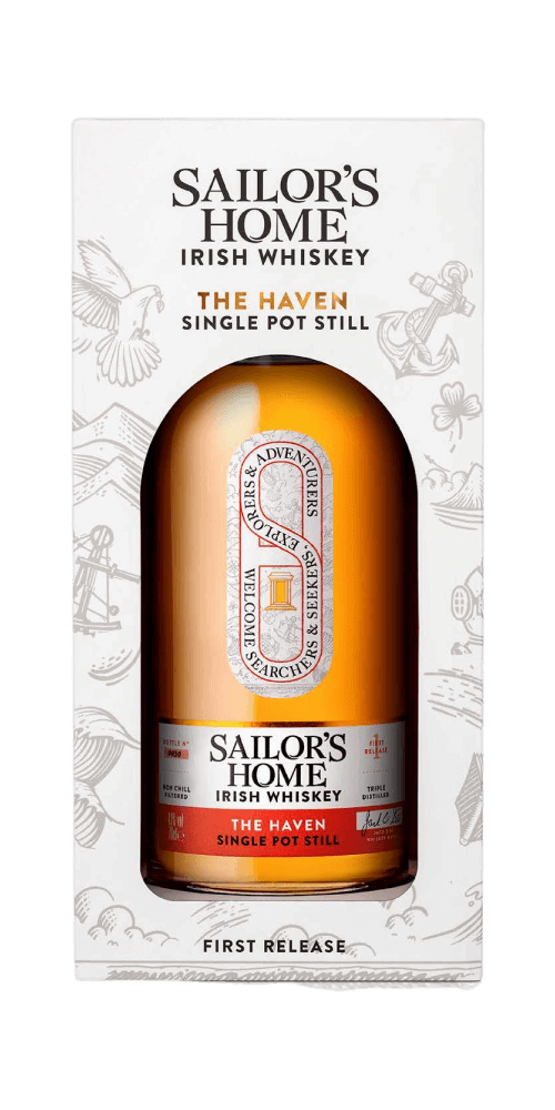 Irischer Whiskey Sailor's Home The Haven, Single Pot Still, mit charaktervollem Design und Aromen von Eiche und Trauben.