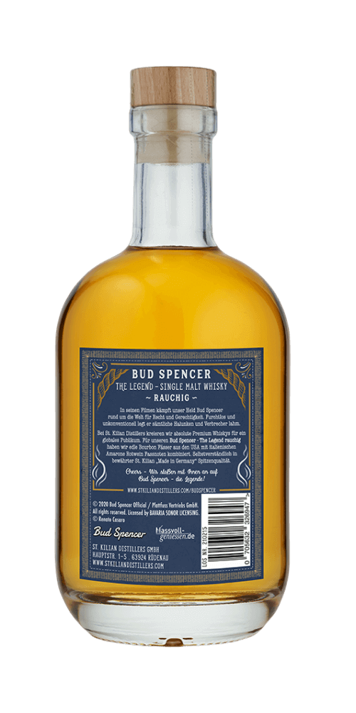 Deutscher Whisky Bud Spencer - The Legend rauchig, Single Malt mit hellkupferner Farbe und rauchigem Geschmack.