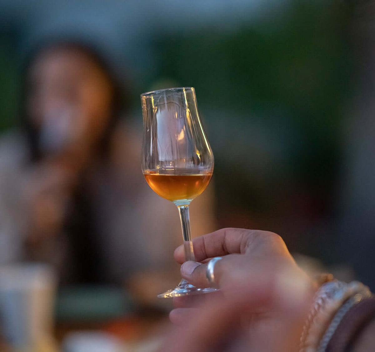 Whisky Tasting für Kenner mit Gläsern, handgehalten, im Abendlicht, harmonisch und entspannend.