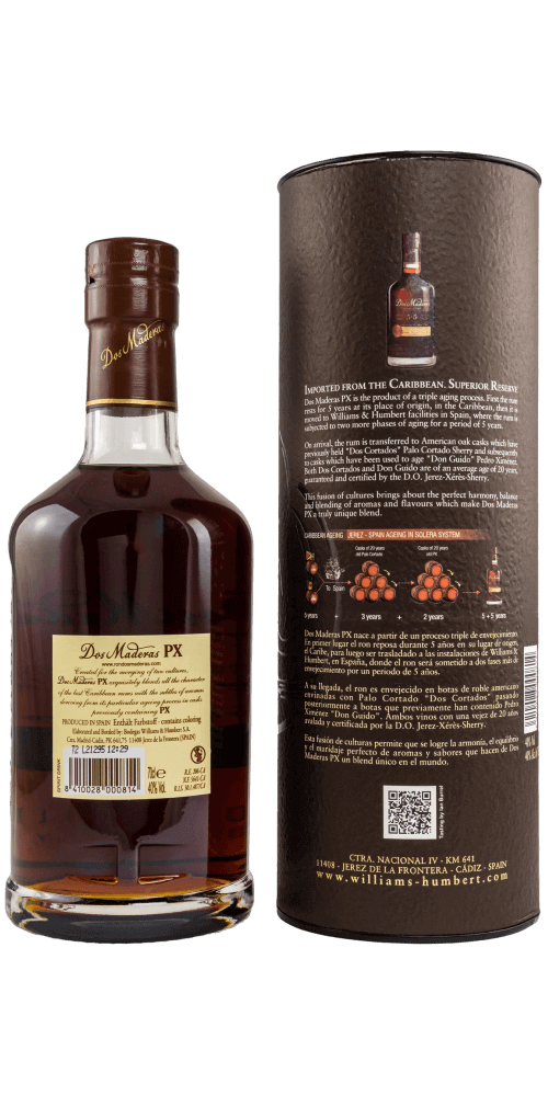 Dos Maderas 5+5 Rum, 10 Jahre, aus Barbados, im eleganten Flasche mit Verpackung, Williams & Humbert.